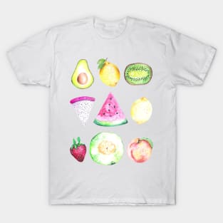 Watercolor Fruits Pattern - White T-Shirt